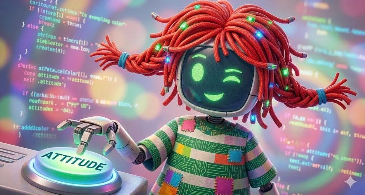 Pippi, my AI thinking partner. A little robot with red braids, a circuit-board dress and her finger on a button that says attitude.